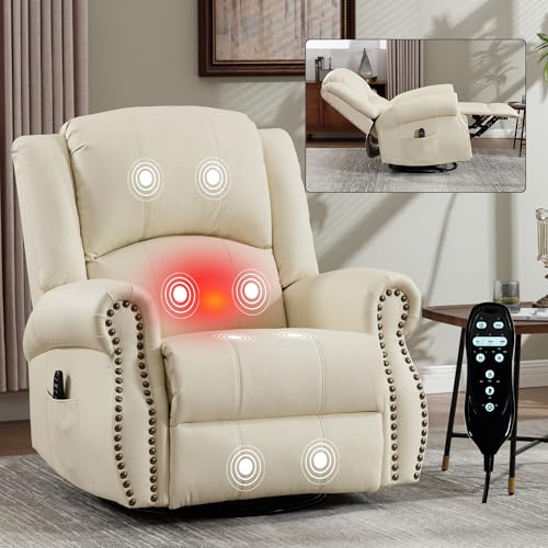 Montary Heavy Duty Manual Lift Recliner Chair with Heat Massage, Adjustable Footrest, Rocker & Swivel, Lay Flat Function in Breathable Leather Reclining Sofa Chair (White) Montary