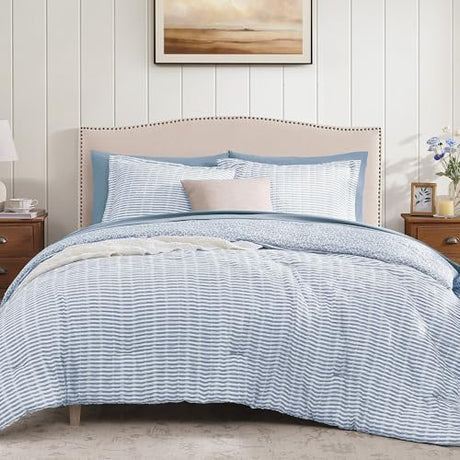 BLOOMHAVEN Queen Comforter Set - 7 Pieces Blue Gauze Muslin Bedding Sets for All Seasons, Lightweight Breathable Bed in a Bag Queen with Revesible Farmhouse Comforter, Sheets, Pillowcases & Shams BLOOMHAVEN