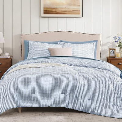 BLOOMHAVEN Queen Comforter Set - 7 Pieces Blue Gauze Muslin Bedding Sets for All Seasons, Lightweight Breathable Bed in a Bag Queen with Revesible Farmhouse Comforter, Sheets, Pillowcases & Shams