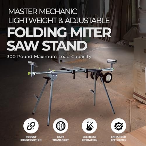 Master Mechanic Lightweight Adjustable Folding Miter Saw Stand with 300 Pound Maximum Load Capacity and Wheels for Easy Transport, Black - WoodArtSupply