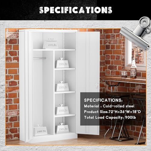Greenvelly Metal Storage Wardrobe Cabinet with Lock Doors, 72" White Metal Freestanding Wardrobe Closet Locker with Doors and Shelves,Clothing Coat Steel Storage Locker for Office,Home,School,Gym Greenvelly