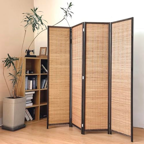 Pawlabay 4 Panel Bamboo Room Divider Screen,5.6 FT Tall Bamboo Divider Folding Panel Screen,Freestanding Panel Divider for Room Seperation,Brown PawlaBay