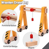 Atoylink 15PCS Kids Wooden Construction Toys with Magnetic Train Cars, Gantry Crane Bulldozer Roller Tow Truck Construction Site Vehicles Playset Gifts for 3 4 5 6 Year Old Toddlers Boys Atoylink