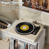 Emfogo Record Player Stand with Vinyl Record Storage, Turntable Stand Wall Mount Up to 80-100 Albums, 3-Compartment Vinyl Record Holder, White Emfogo