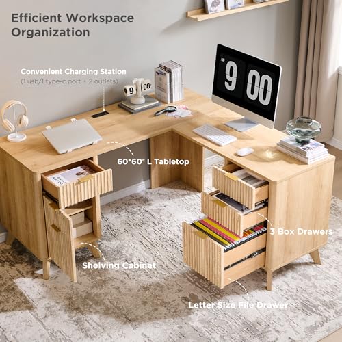 T4TREAM 60'' Fluted Executive L Shaped Desk, Modern Home Office Desk with Charging Station and File Drawer, Computer Corner Desks with Drawers & Storage Cabinet for Office Home, Bedroom, Natural Oak T4TREAM
