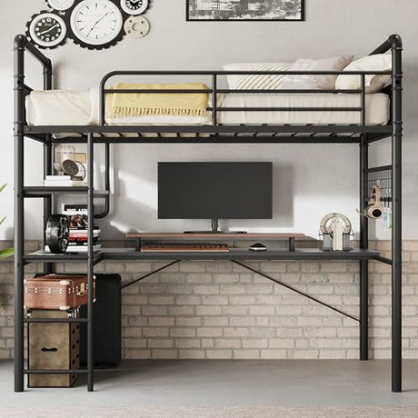 Garvee Bunk Bed Twin Over Twin Size with Desk, Loft Bed with Desk Underneath, Loft Beds with High Guardrail and Ladder for Kids, Vintage Black Garvee