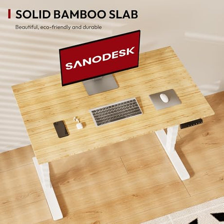 48 Inch Bamboo Electric Standing Desk, 3 Stage Dual Motor Height Adjustable Desk, Stable and Durable Sit to Stand Home Office Desk (White Frame/ 48” x 24” Natural Bamboo Top) SANODESK