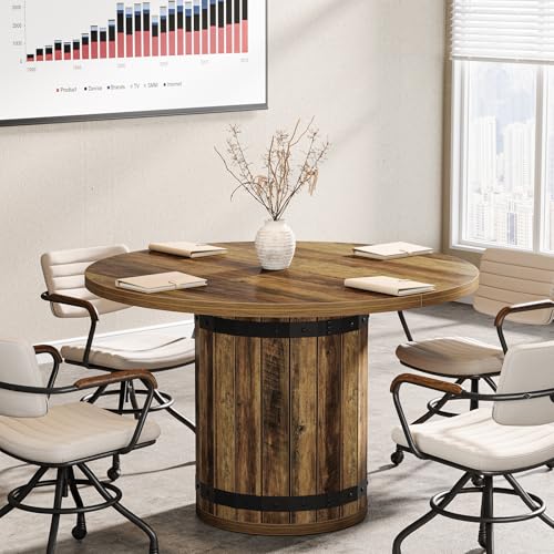 Tribesigns 39.37-Inch Round Conference Table, Farmhouse Meeting Room Table for 4, Seminar Boardroom Desk with Fence Pedestal Base for Office Conference Room (Rustic Brown, Chairs Not Included) Tribesigns