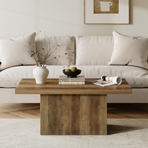 47-Inch Large Coffee Table with Pedestal, Living Room Center Table Rectangle Thickened Tabletop, Farmhouse Low Cocktail Tea Furniture for Living Room, Apartments, Rustic Brown LITTLE TREE