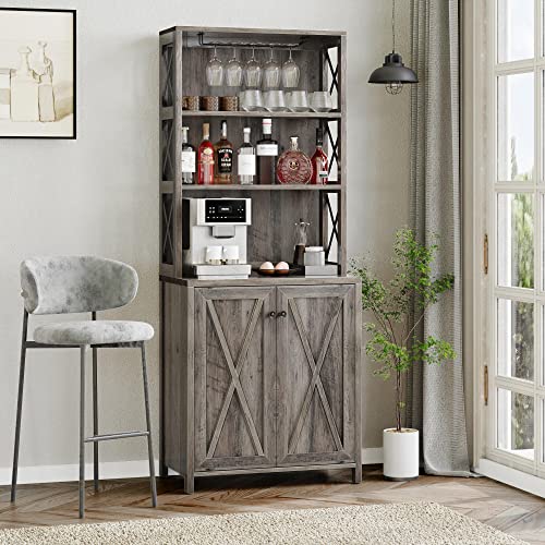 DWVO 67" Tall Wine Bar Cabinet for Liquor and Glasses, Farmhouse Kitchen Cabinet Coffee Bar with Adjustable Shelves, Open Storage Shelves, Buffet Kitchen Cabinet for Dinning Room, Kitchen, Grey Wash DWVO