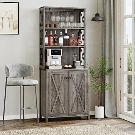 DWVO 67" Tall Wine Bar Cabinet for Liquor and Glasses, Farmhouse Kitchen Cabinet Coffee Bar with Adjustable Shelves, Open Storage Shelves, Buffet Kitchen Cabinet for Dinning Room, Kitchen, Grey Wash DWVO