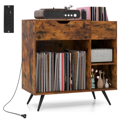 LOKO Record Player Stand with Charging Station, Vinyl Record Holder with Removable Divider, Industrial Turntable Display Stand, Record Storage Table Cabinet for Living Room, Bedroom, Rustic Brown LOKO