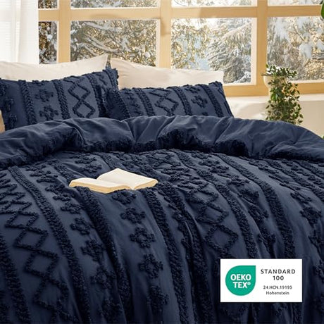 Bedsure Tufted Boho Comforter Set King Size - Navy Boho Bed Set, GentleSoft™ 3 Pieces Farmhouse Shabby Chic Embroidery Bedding, Gifts for Woman, Soft Jacquard King Comforter for All Seasons Bedsure