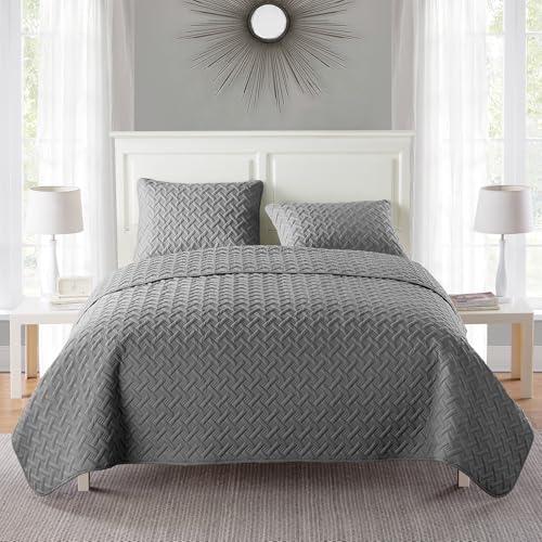 VCNY Home Twin Bed Quilt – 2-Piece Twin Comforter Alternative, Basketweave Bedspread Coverlet with Sham, All Season Bed Set (Nina, Grey Bedding) VCNY Home