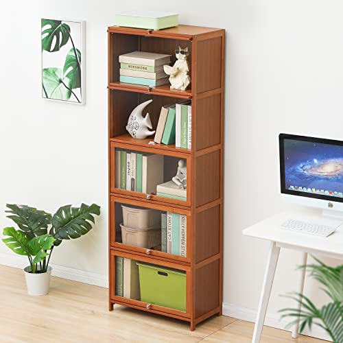 MoNiBloom Tall Narrow Bookcase with Acrylic Doors 5 Tier Free Standing Book Shelf Storage Organizer Save Space for Living Room Office, Brown - WoodArtSupply