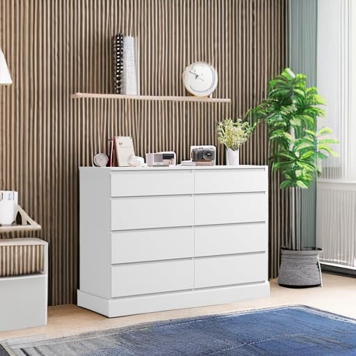 Hasuit White Dresser for Bedroom, Long Dresser with 8 Drawers, 51.5''W Wooden Dressers Chest of 8 Drawers, Large Capacity Clothing Storage Cabinet, Wide Dressers for Bedroom Living Room Entryway Hasuit