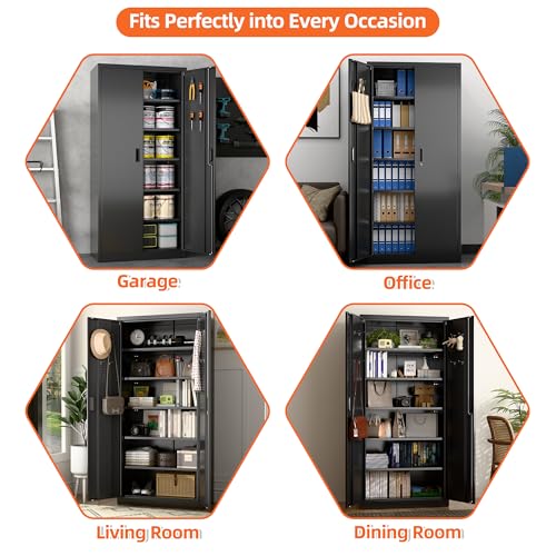 JAORD Lockable Garage Storage Cabinet with 5 Adjustable Shelves, 71" H Black Metal Storage Cabinet with 2 Pegboard Doos for Garage, Home, Assembly Required, Black JAORD