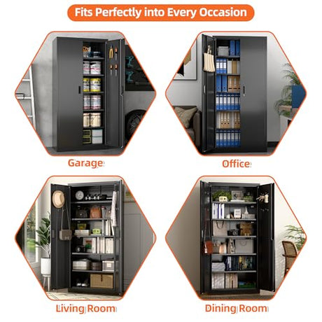 JAORD Lockable Garage Storage Cabinet with 5 Adjustable Shelves, 71" H Black Metal Storage Cabinet with 2 Pegboard Doos for Garage, Home, Assembly Required, Black JAORD