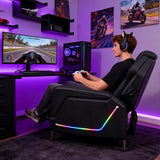 SnyFivv Gaming Recliner Chair with LED Lights, Racing Style PU Leather Gaming Recliner for Adults, Ergonomic Push-Back Recliner with Lumbar Pillow, Home Theater Seating with Side Pockets, Black