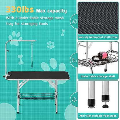 Polar Aurora 46'' Dog Grooming Table, Heavy Duty Pet Grooming Table for Dogs at Home Foldable Grooming Table w/Adjustable Arm & Noose & Mesh Tray Professional Dog Show Stainless Steel Black - WoodArtSupply