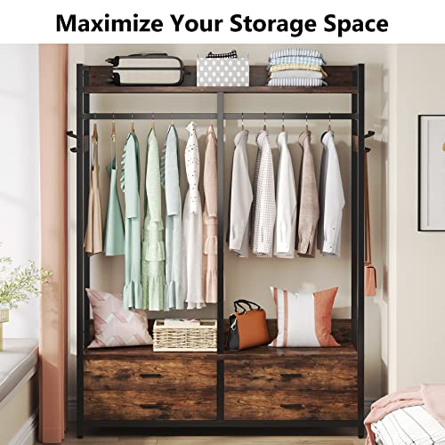Tribesigns Freestanding Closet Organizer for Hanging Clothes, Heavy Duty Garment Rack with 4 Drawers, 8 Hooks and Storage Shelves, Wardrobe Closet Clothing Rack for Bedroom, Living Room, Rustic Brown Tribesigns