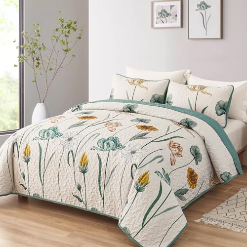 WONGS BEDDING Floral Quilt Set Queen,Green Yellow Floral Botanical Bedspread Bedding Set with 2 Pillowcase,Lightweight Summer Farmhouse Coverlet Set for All Season (96"x90") WONGS BEDDING