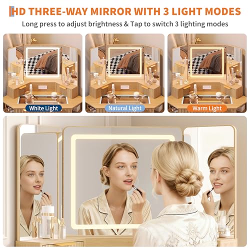 GarveeHome 48 in Fluted Makeup Vanity Desk, Large Lighted Corner Vanity with HD Triple Mirror and Lights, Dressing Table with Glass Top & Charging Station for Bedroom GarveeHome