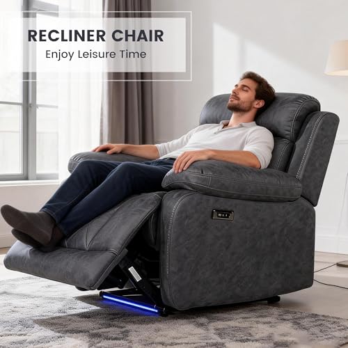 Betsy Furniture Soft Microfiber Power Reclining Chair, LED Light, Type-C and USB Charger, Recliner Smoke Gray 9052 (Power, Chair)