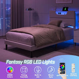 OURPIC Twin Bed Frames for Kids, Twin Size Bed Frames with Upholstered Headboard, Modern Platform Bed with Charging Station and Led Lights, Sturdy Wooden Slats OURPIC