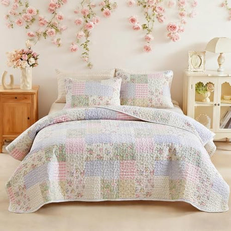 Joyreap 2 Pieces Twin Size Floral Cotton Quilt Set for Girls, Colorful Flowers Grids Patchwork Design, Cozy Lightweight Cotton Quilt Bedspread Bed Cover for All Season- 68x88 inches Joyreap