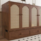 KEIKI Queen Size Murphy Bed Cabinet with Power Station & Large Drawer, Pine Wood Folding Chest Bed with Rattan Panel, Space-Saving Wall Bed, Walnut KEIKI