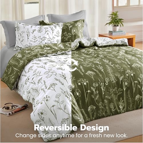 Joiedomi Queen Comforter Set Olive Green, 3 Pieces Floral Queen Bedding Set with 1 Soft Reversible Botanical Comforter and 2 Pillow Shams, Bed in a Bag for All Seasons Joiedomi