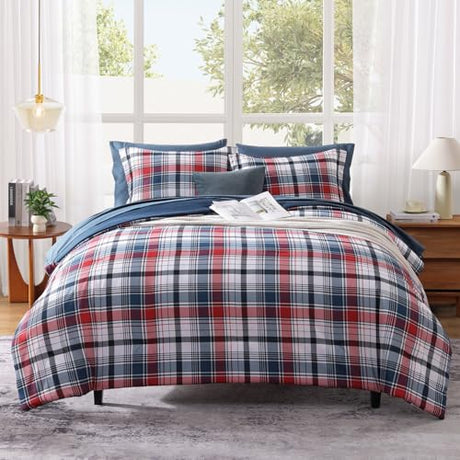 MaiRêve Full Size Plaid Comforter Set Navy Red, Classic 7 Pieces Farmhouse Bedding Set, All Season Lightweight Bed in A Bag with Sheets, Pillowcases & Shams MaiRêve