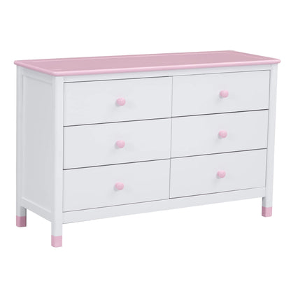 Harper & Bright Designs Wooden 6 Drawers Dresser, Modern Storage Cabinet with 6 Drawers, Cute Chest of Drawers with Round Handles for Girls Boys Kids' Room Bedroom,Hallway, Entryway,White+Pin - WoodArtSupply