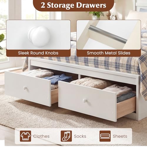 Giantex Full Size Bed Frame with Storage Drawers, Wood Platform Bed with Headboard, Solid Mattress Foundation w/Wooden Slat Support & Enclosed Base, No Box Spring Needed (White, Full) Giantex