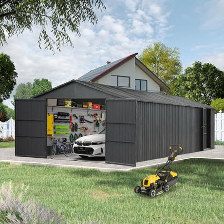 Domi 12x25FT Heavy Duty Outdoor Metal Garage Shed & Carport – Extra Large Lockable Double Door Storage Shelter for Cars, Trucks, Motorcycles, Lawn Equipment (Dark Grey) domi outdoor living