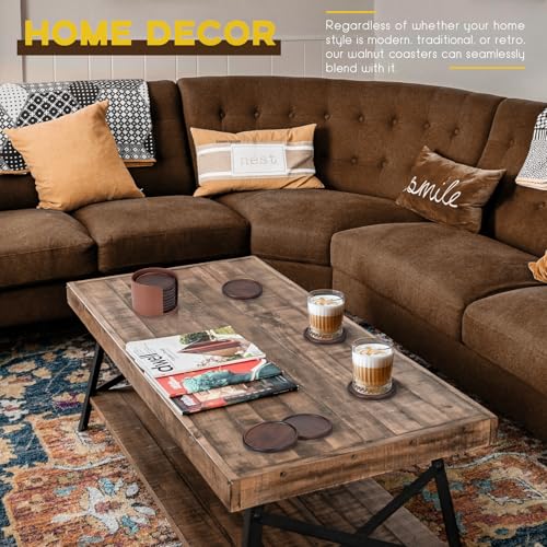 Wood Coasters with Leather Holder, GOH DODD Set of 8 Wooden Coaster Set for Drinks Desk Coffee Table Home Kitchen Office Bar, Tabletop Protection Living Room Decor, Walnut Coasters, 4 Inch GOH DODD