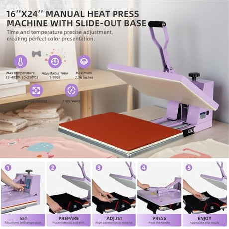 TLSols Heat Press 16x24 in, Manual Heat Press Machine for T Shirts, Swing Away T Shirt Pressing Machine for Garments Bag Textile Curtain Mousepad, with Slide-Out Base, Purple TLSols