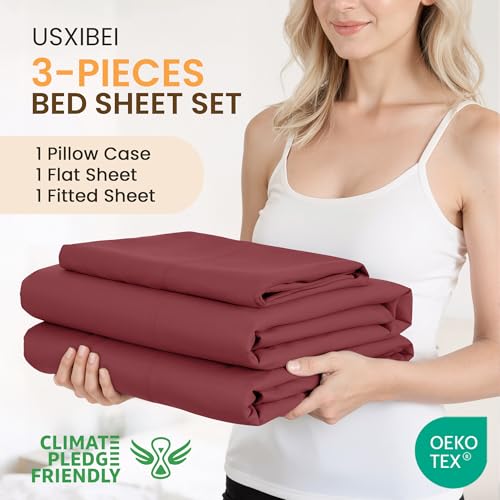 USXIBEI Twin Size 3 Piece Bed Sheet Set - Ultra Imitation Cotton-Premium Breathable & Cooling Sheets - Hotel Luxury Bed Sheets Deep Pocket up to 15"- Wrinkle, Fade, Stain Resistant (Burgundy, Twin) USXIBEI