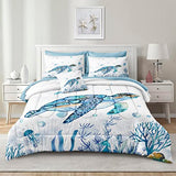 Ocean Themed Bedding Sets - 8 Pieces Queen Bed in A Bag - Teal Blue Turtle & Sea Horse Animal Cartoon Pattern Beach Coastal Bedding Comforter Bedorm