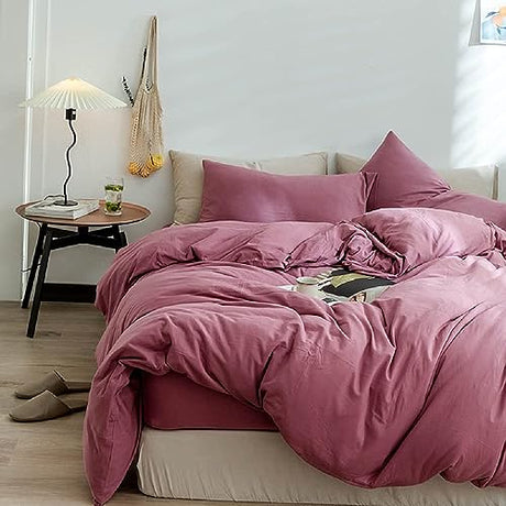 AMWAN Jersey Knit Cotton Duvet Cover Pale Mauve Full Size Solid Purple Bedding Sets T Shirt Comforter 3 Piece Mauve Color 1 with 2 Pillowcases Full(80/ x90/) AMWAN
