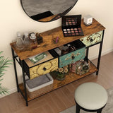 Tohomeor Entryway Console Table with 3 Retro Flowers Fabric Drawers Boho Narrow Long Behind Couch Sofa Table with Bottom Open Storage Shelf for Hallway Living Room Foyer (Rustic Brown, 3 Drawers) Tohomeor
