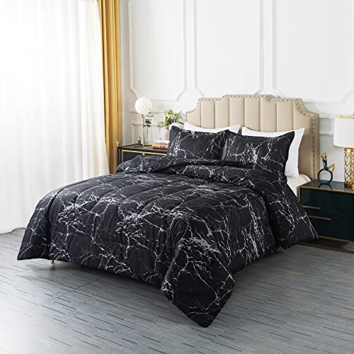 Caressma Black Marble Comforter Set Full Size, 3 Pieces Modern Pattern Soft Microfiber Bedding Comforter Set, Down Alternative Comforters for All Season (79 * 90") Caressma