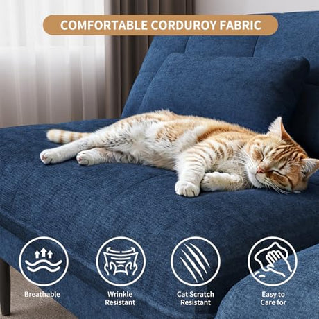 NEDYO 70 inch Convertible Futon Sofa Bed, Velvet Sleeper Sofa with Adjustable Backrest, Thick Fill and Convertible Modules, 4 in 1 Loveseat Couch for Living Room, Blue NEDYO