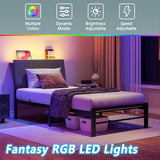 VECOCHO Twin Bed Frame with Storage Headboard,Heavy Duty Metal Platform Bed Frame Twin with Charging Station and LED Lights,Ergonomic Upholstered Single Bed No Box Spring Needed,Noise-Free Slats,Black VECOCHO