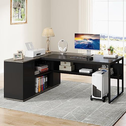 Tribesigns 71 inch Executive Desk, L Shaped Desk with Cabinet Storage, Executive Office Desk with Shelves, Business Furniture Desk Workstation for Home Office, Gray - WoodArtSupply