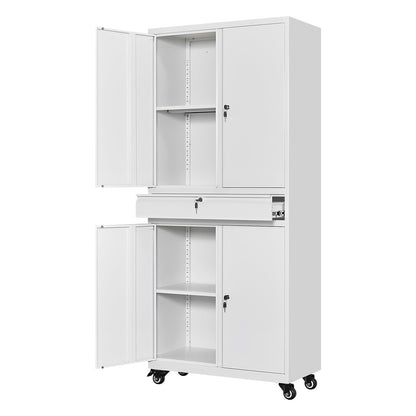 AFAIF White Metal Storage Cabinet with Wheels, 73" Tall Garage Rolling Storage Cabinet with Doors and Shelves, Lockable Tool Cabinet Steel Locking Cabinets for Home Office, Garage, Pantry