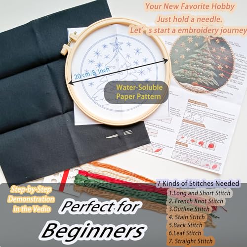 FONNUY Christmas Embroidery Kit for Beginners, Cross Stitch Set Winter Snow House Scene Pine Owl Pattern for Adults, Easy to Follow Color Thread Needlework, 8'' Hoop (Star Tree)