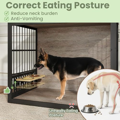 Yafylly 48 Inch XXL Dog Crate Furniture, Wooden Chewproof Dog Kennel with Interactive Window, 360° Adjustable Bowls (5 Heights), Storage Table Top, Heavy Duty XL Dog Crate for Medium Large Dogs, Gray Yafylly