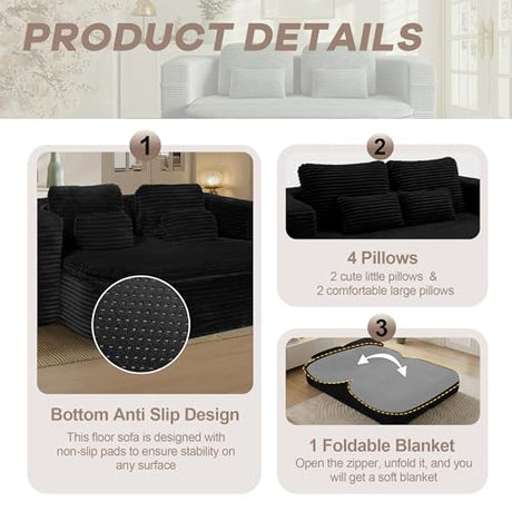 IZLKQC 75'' Folding Sleeper Sofa Bed, Convertible Memory Foam Boneless Couch, Foldable Full Size Guest Bed, Modern 2-in-1 Futon Floor Sleeper Sofa with 4 Pillows and Blanket (Corduroy, Black) IZLKQC